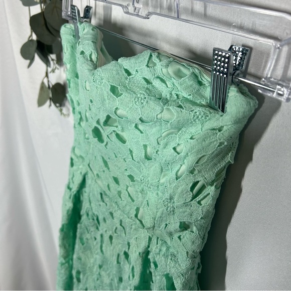 Alya | Strapless Floral Lace Light Blue Teal Aqua Sweetheart Midi Dress Size XS - Picture 5 of 13